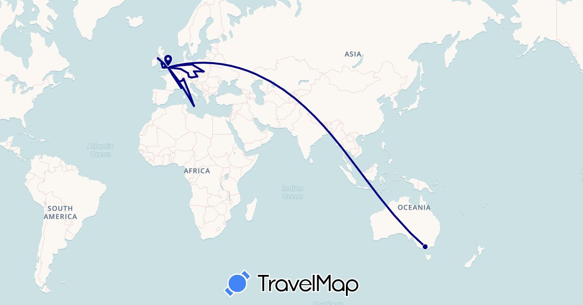TravelMap itinerary: driving in Austria, Australia, Switzerland, Czech Republic, Germany, France, United Kingdom, Monaco, Malta, Poland (Europe, Oceania)